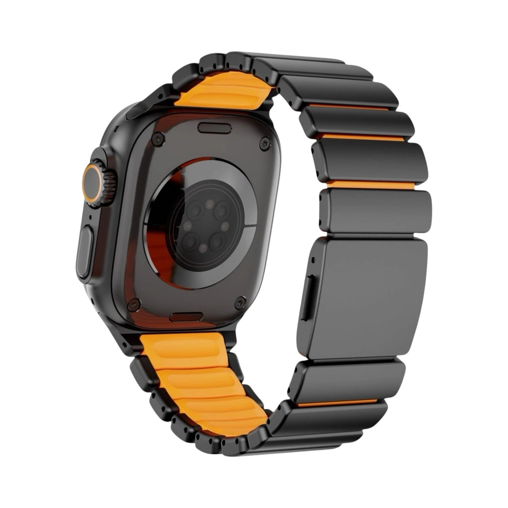 Correa The Strap Society México Forge Pro para Apple Watch en acero negro con detalles de silicón naranj