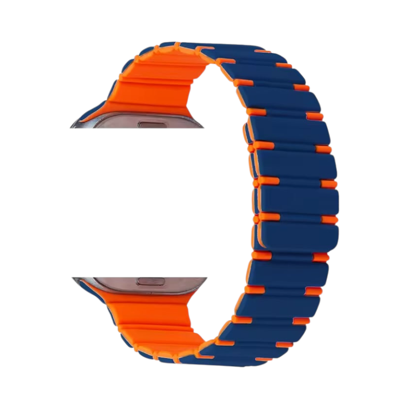 Correa Magnetic Rubber Duo de The Strap Society México para Apple Watch en azul y naranja con cierre magnético.
