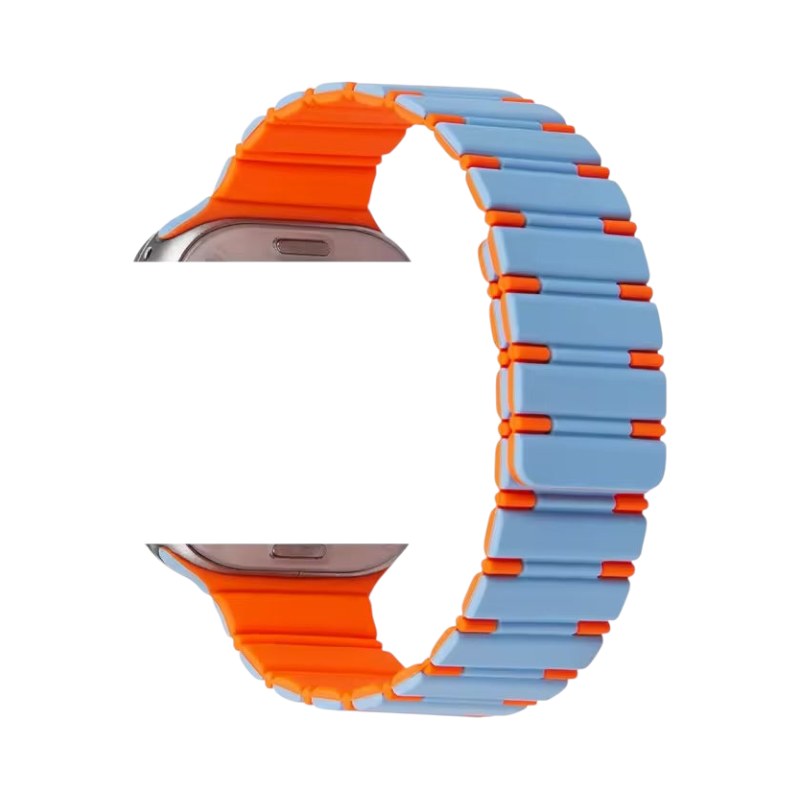 Correa The Strap Society México para Apple Watch en azul y naranja con diseño magnético de silicón y metal