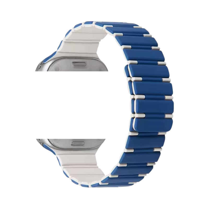 Correa The Strap Society México para Apple Watch en color azul y blanco con diseño magnético de silicón y metal
