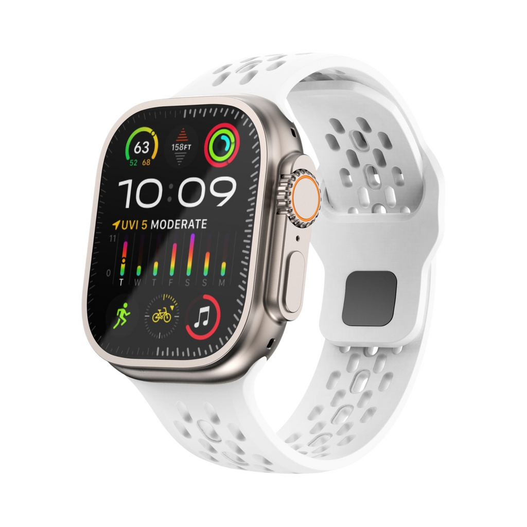 Correa deportiva blanca Ventra de The Strap Society México para Apple Watch con perforaciones de silicón flexible