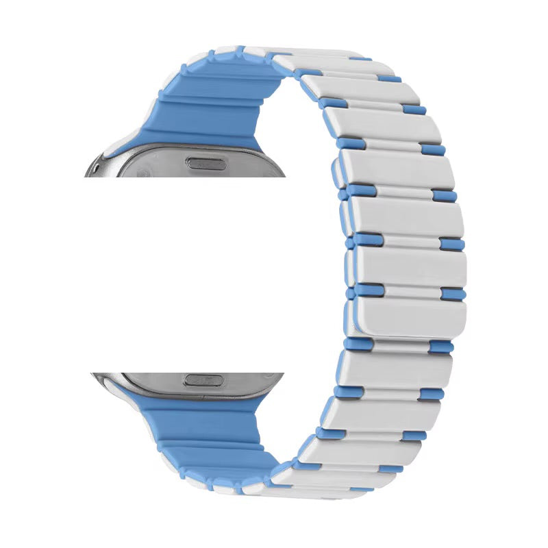 Correa The Strap Society México para Apple Watch en color blanco y azul con diseño magnético de metal y silicón.