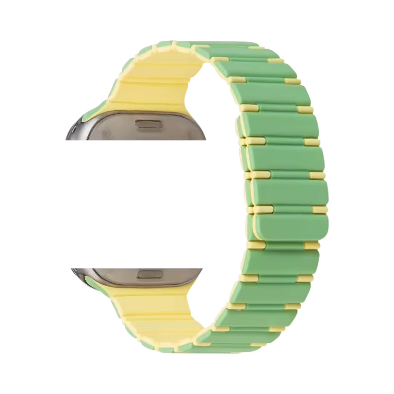 Correa Magnetic Rubber Duo de The Strap Society México para Apple Watch en color verde y amarillo con cierre magnético