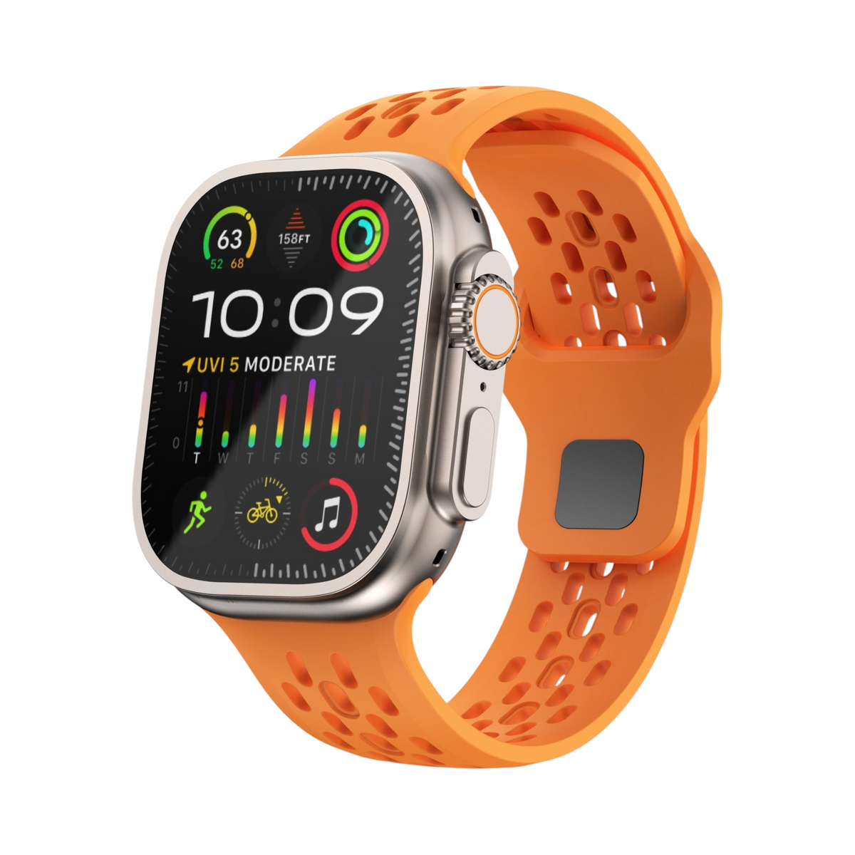Correa deportiva naranja VENTRA de The Strap Society México para Apple Watch con diseño perforado de silicón flexible