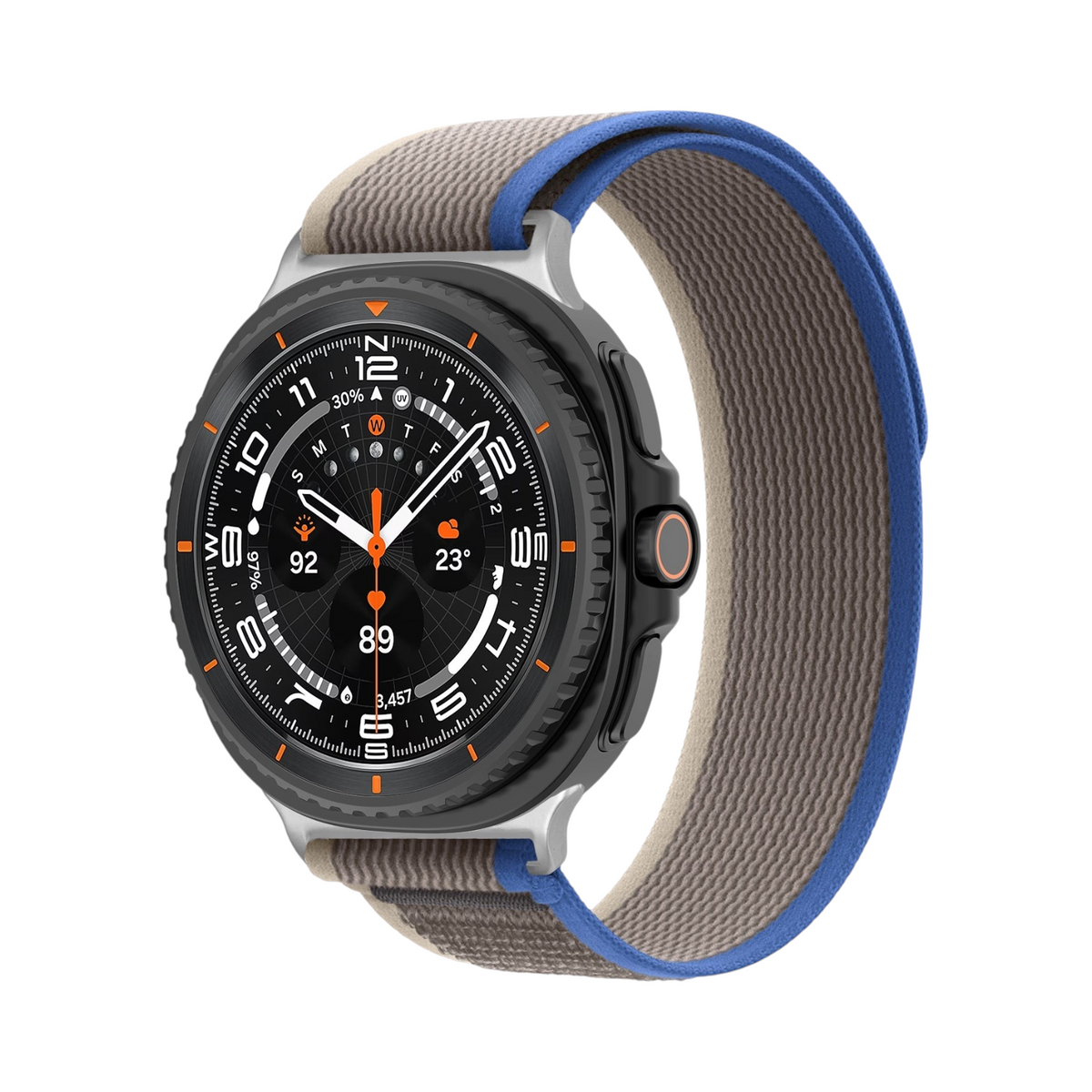 Correa deportiva Galaxy Stride de The Strap Society México en nylon beige y azul con cierre de velcro para Galaxy Watch