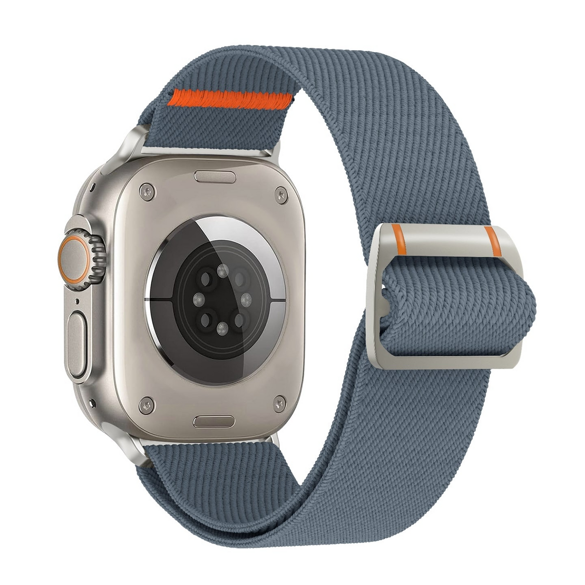 Correa Nomad Trail de The Strap Society México en nylon azul con detalles naranjas y hebilla de acero para Apple Watch