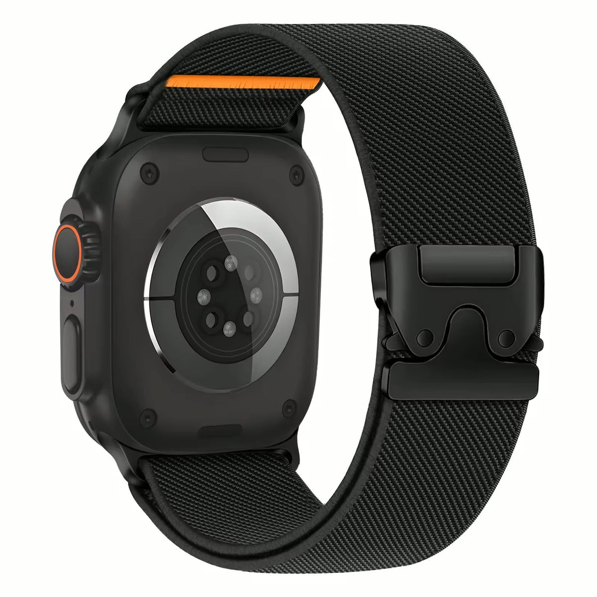 Correa deportiva negra de nylon para Apple Watch de The Strap Society México con cierre magnético y detalles naranja