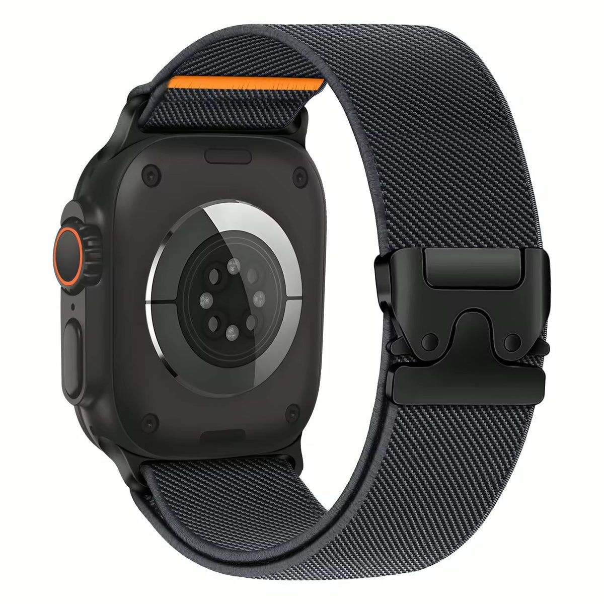 Correa deportiva The Strap Society México de nylon negro con cierre magnético para Apple Watch, vista trasera.
