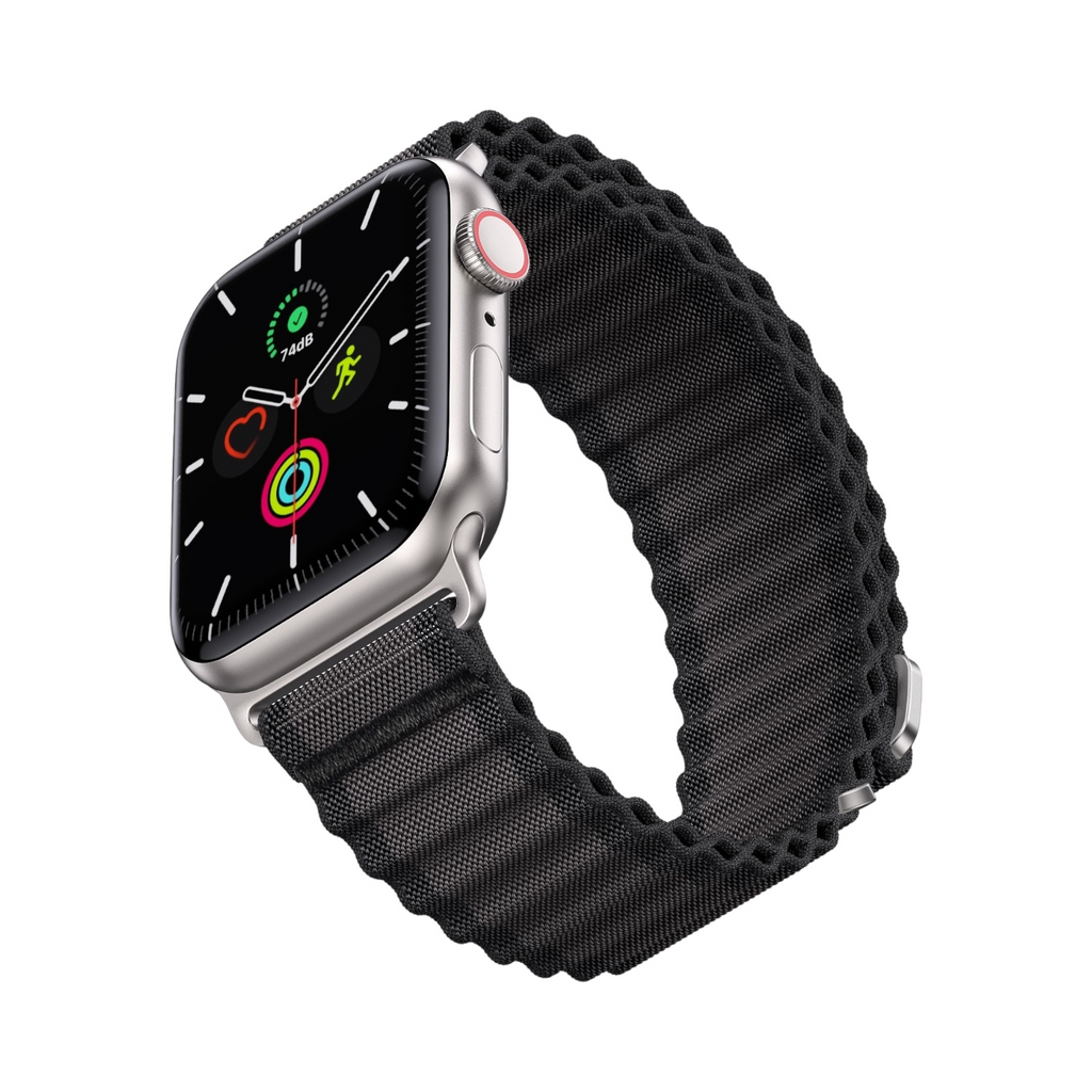 Correa Oceanic Waves negra de nylon tejido para Apple Watch de The Strap Society México, diseño deportivo y flexible.