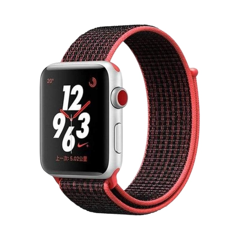 Correa Aura Soft de The Strap Society México para Apple Watch en nylon negro y rojo con cierre de velcro ajustable