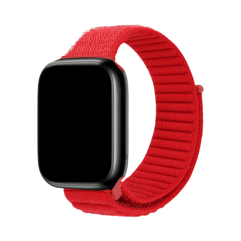 Correa Aura Soft roja de The Strap Society México para Apple Watch, hecha de nylon acolchado con cierre de velcro.