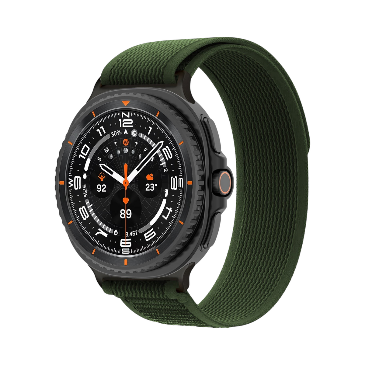 Correa deportiva Galaxy Stride de The Strap Society México en nylon verde oliva con cierre de velcro para Galaxy Watch