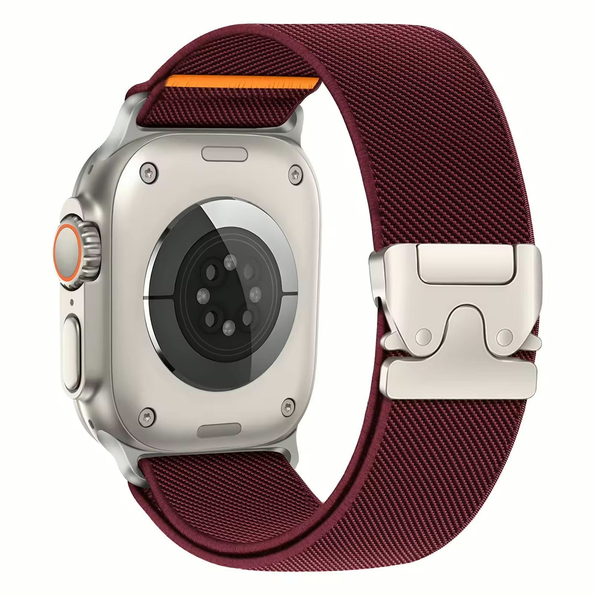 Correa deportiva color vino para Apple Watch de The Strap Society México con cierre magnético metálico y tejido nylon