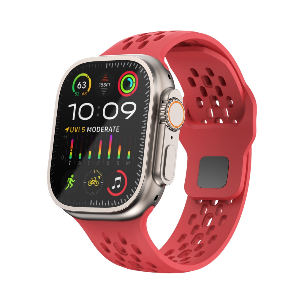 Correa deportiva roja VENTRA de The Strap Society México en silicón flexible con perforaciones para Apple Watch