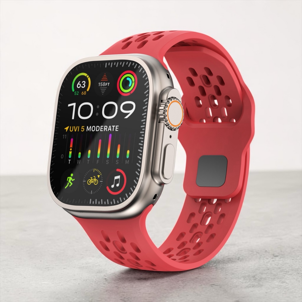 Correa deportiva roja de silicón para Apple Watch de The Strap Society México con diseño perforado y flexible