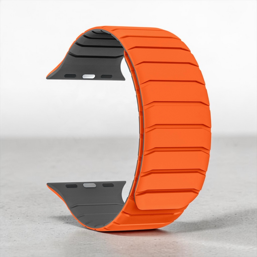 Correa Pulse de The Strap Society México para Apple Watch en silicón flexible color naranja y gris con cierre magnético