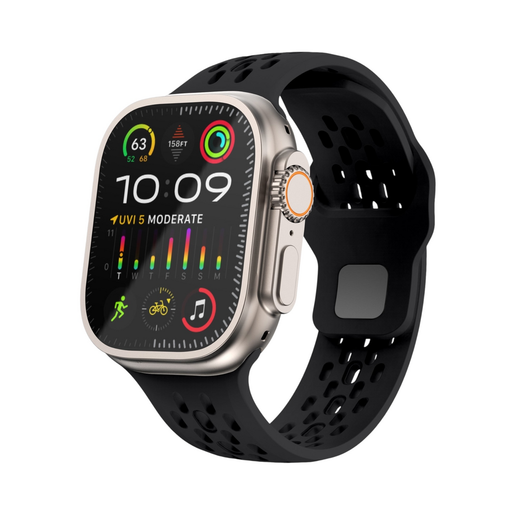 Correa deportiva negra Ventra de The Strap Society México para Apple Watch con diseño perforado de silicón flexible