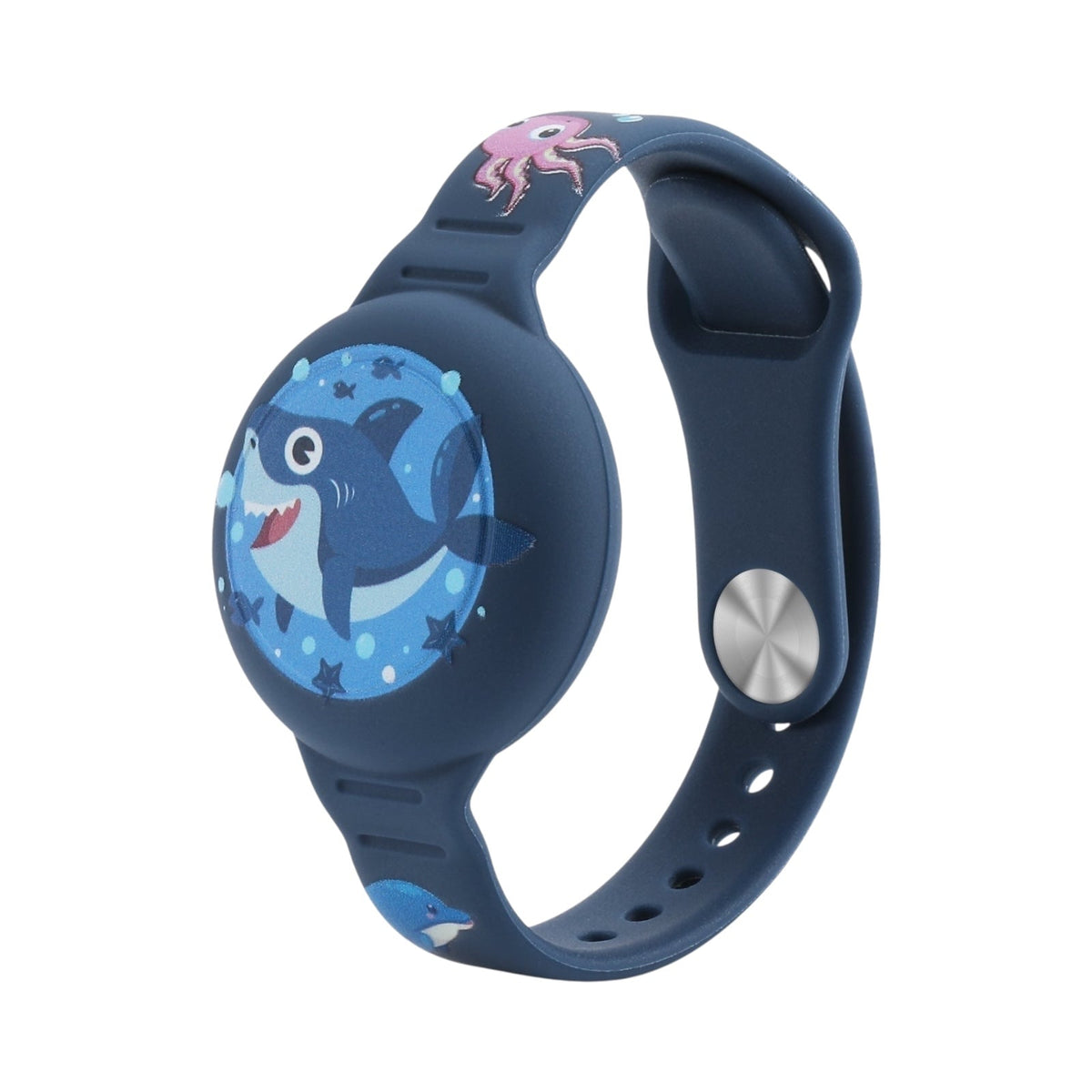 Correa de silicón azul The Strap Society México para AirTag con diseño infantil de tiburón para niños