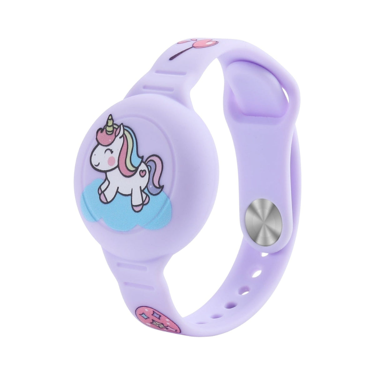 Correa de silicón morada The Strap Society México para AirTag con diseño infantil de unicornio para niños