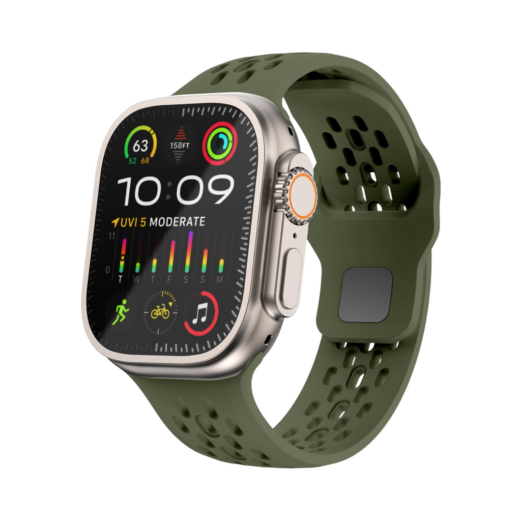 Correa deportiva Ventra de The Strap Society México para Apple Watch en silicón verde oliva con diseño perforado