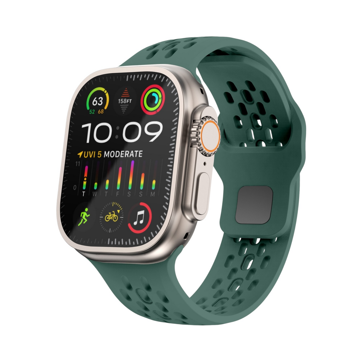 Correa deportiva VENTRA de The Strap Society México en silicón verde con perforaciones para Apple Watch