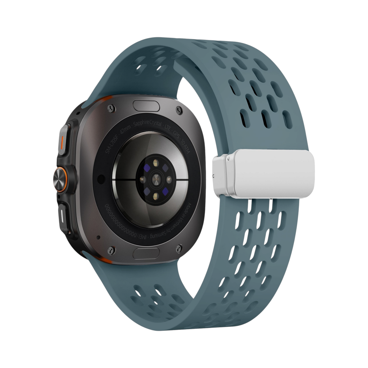 Correa deportiva Ventra de The Strap Society México en silicona gris azulada con perforaciones para Galaxy Watch Ultra