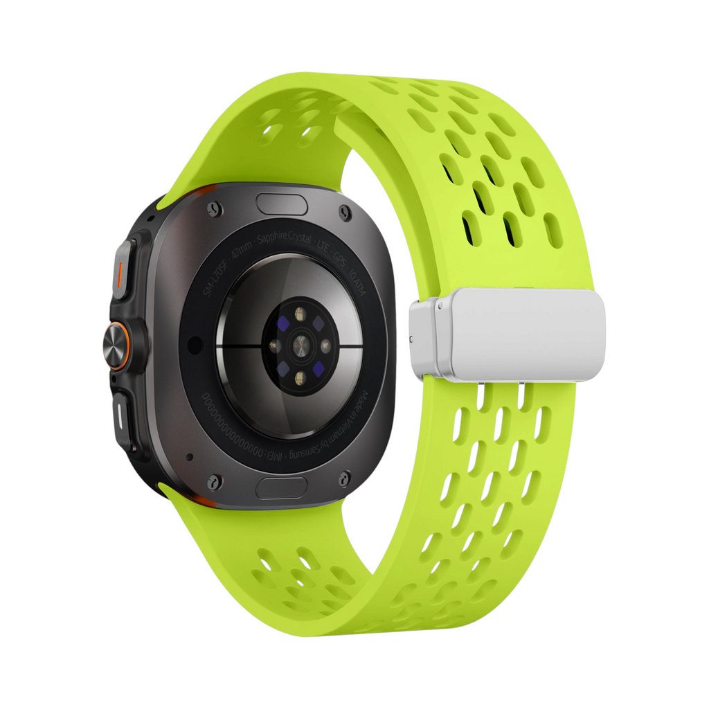 Correa deportiva Ventra de The Strap Society México en silicona verde neón con perforaciones para Galaxy Watch Ultra