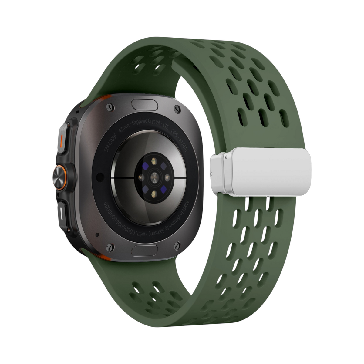 Correa Ventra de The Strap Society México en silicona verde con perforaciones para Galaxy Watch Ultra y cierre magnético