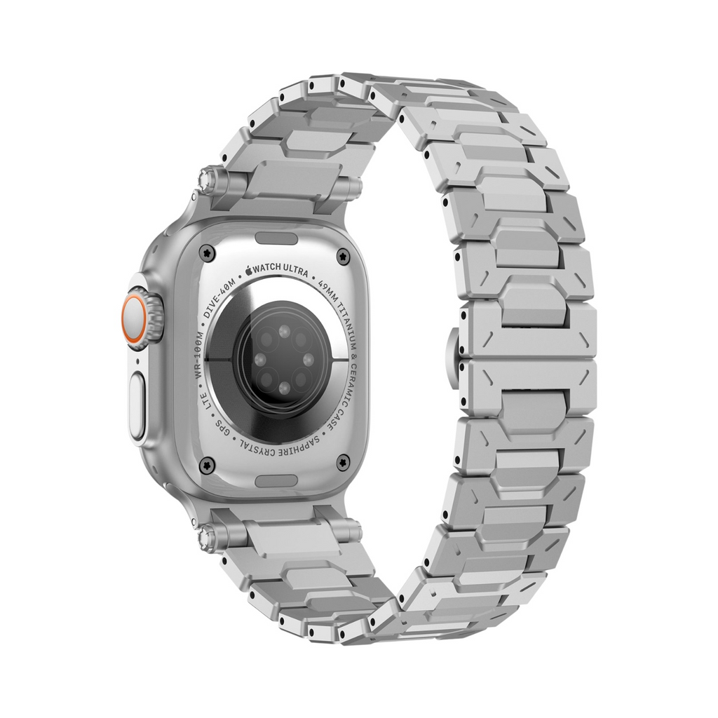 Correa metálica The Strap Society México modelo Titán para Apple Watch Ultra con eslabones geométricos plateados