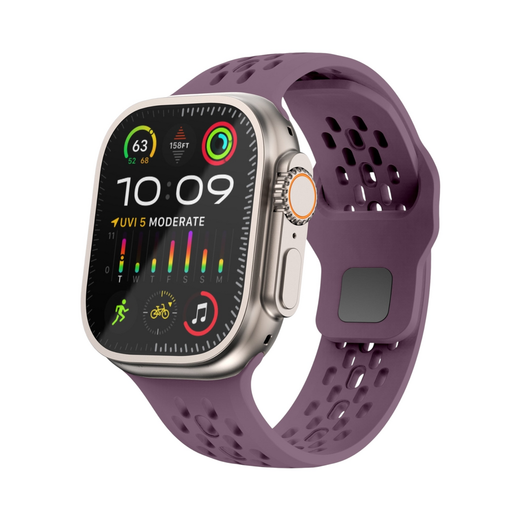 Correa deportiva morada Ventra de The Strap Society México para Apple Watch con perforaciones de silicón flexible