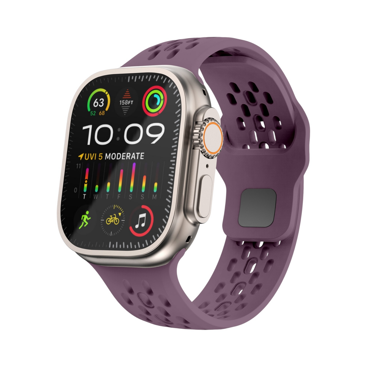 Correa deportiva morada Ventra de The Strap Society México para Apple Watch con perforaciones de silicón flexible