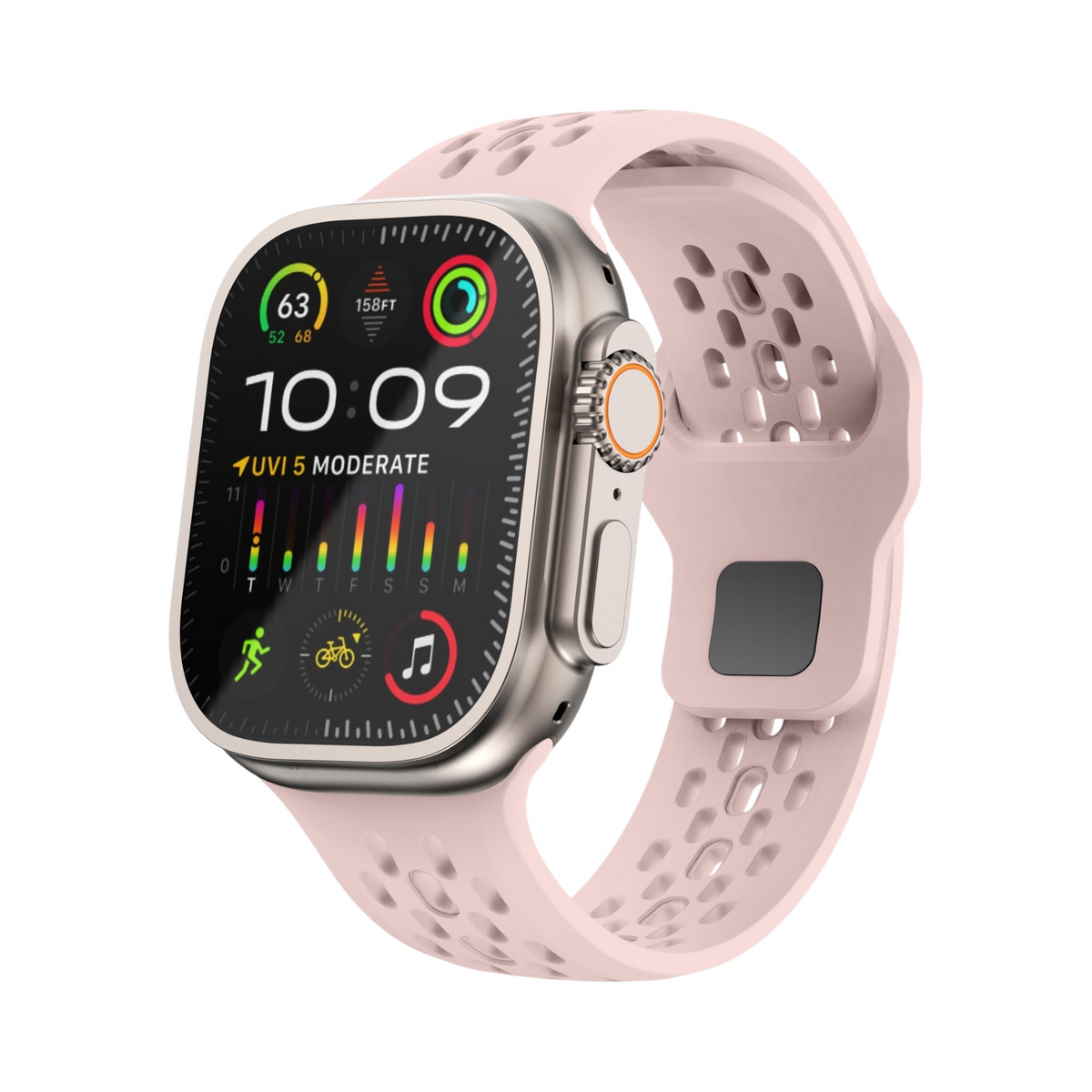 Correa deportiva Ventra de The Strap Society México en silicón rosa con perforaciones para Apple Watch
