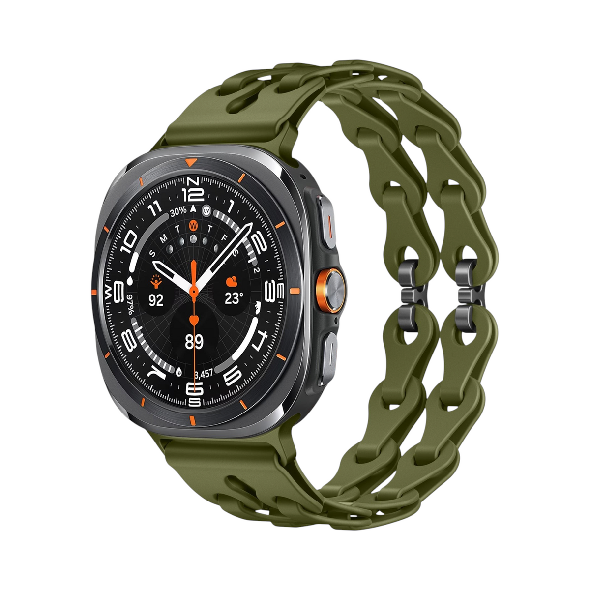 Correa Link Pro de The Strap Society México en color verde oliva para Galaxy Watch Ultra con diseño de eslabones